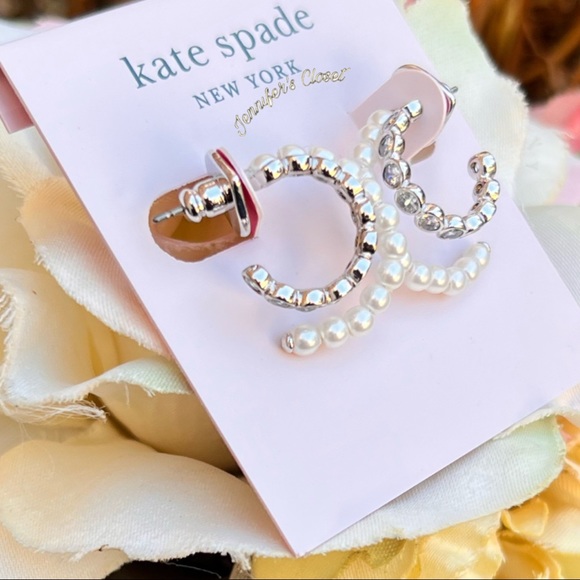 KATE SPADE Cubic Zirconia & Pearl Double Huggie Earrings - Picture 5 of 7